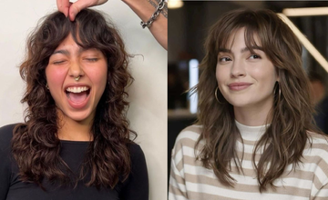 Two young brunette women with a shag with curtain bangs.