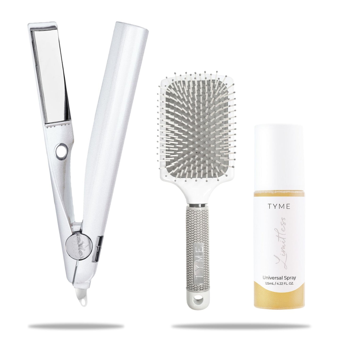stardust shine all in one tyme iron styling iron with white paddle brush and full sized universal heat protectant on white background