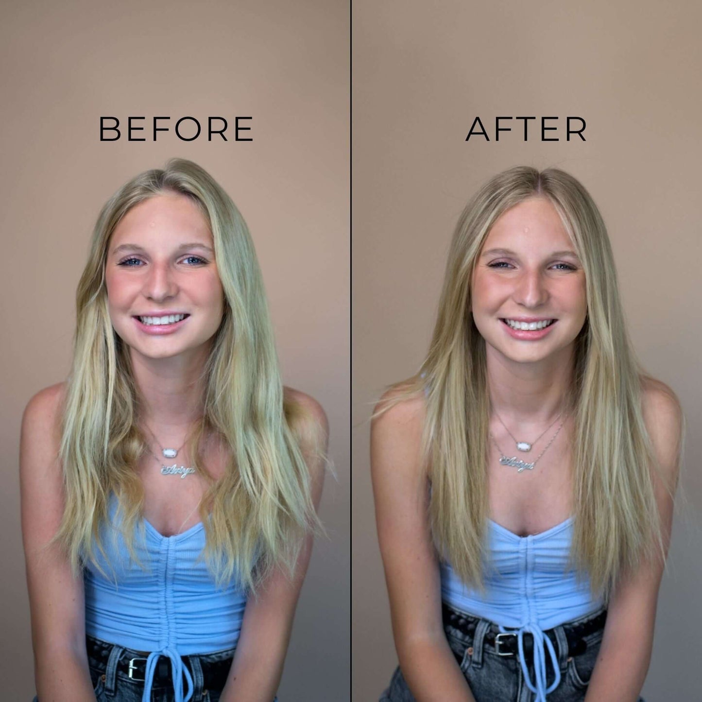 Before and after using TYME Iron Pro on woman to straighten her hair.