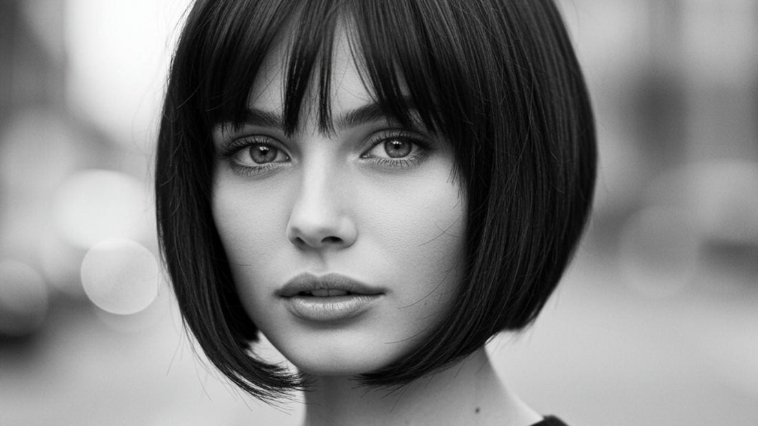 Black and white photo of a young woman with a French Bob haircut