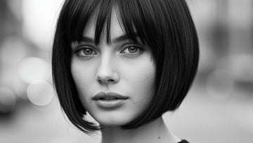 Black and white photo of a young woman with a French Bob haircut