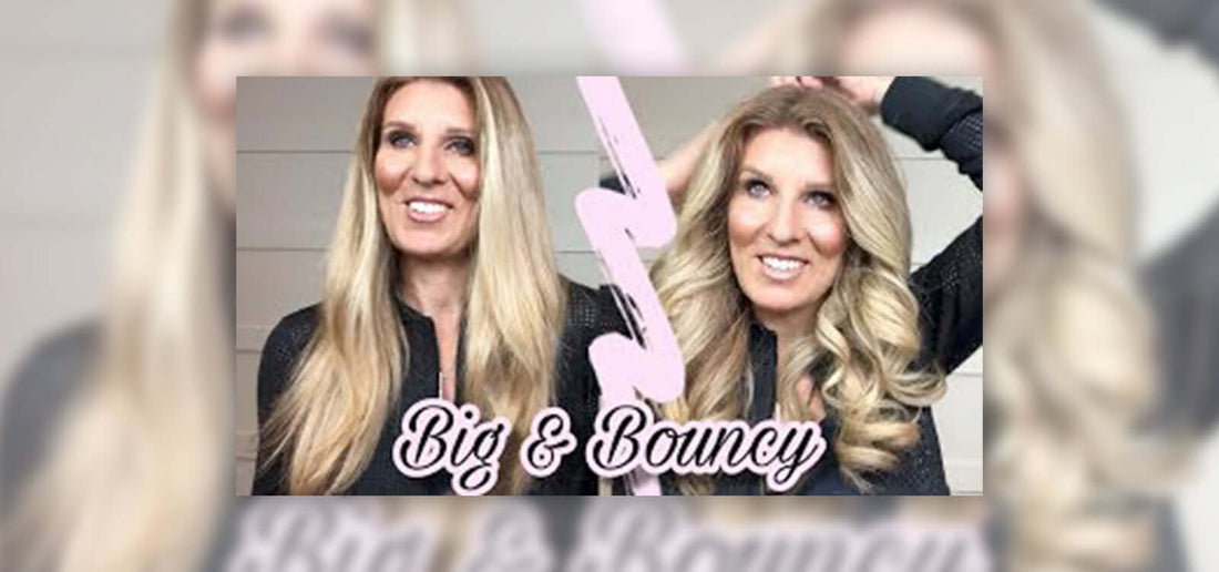 side by side images of lady showing how you can go from straight hair to large bouncy curls