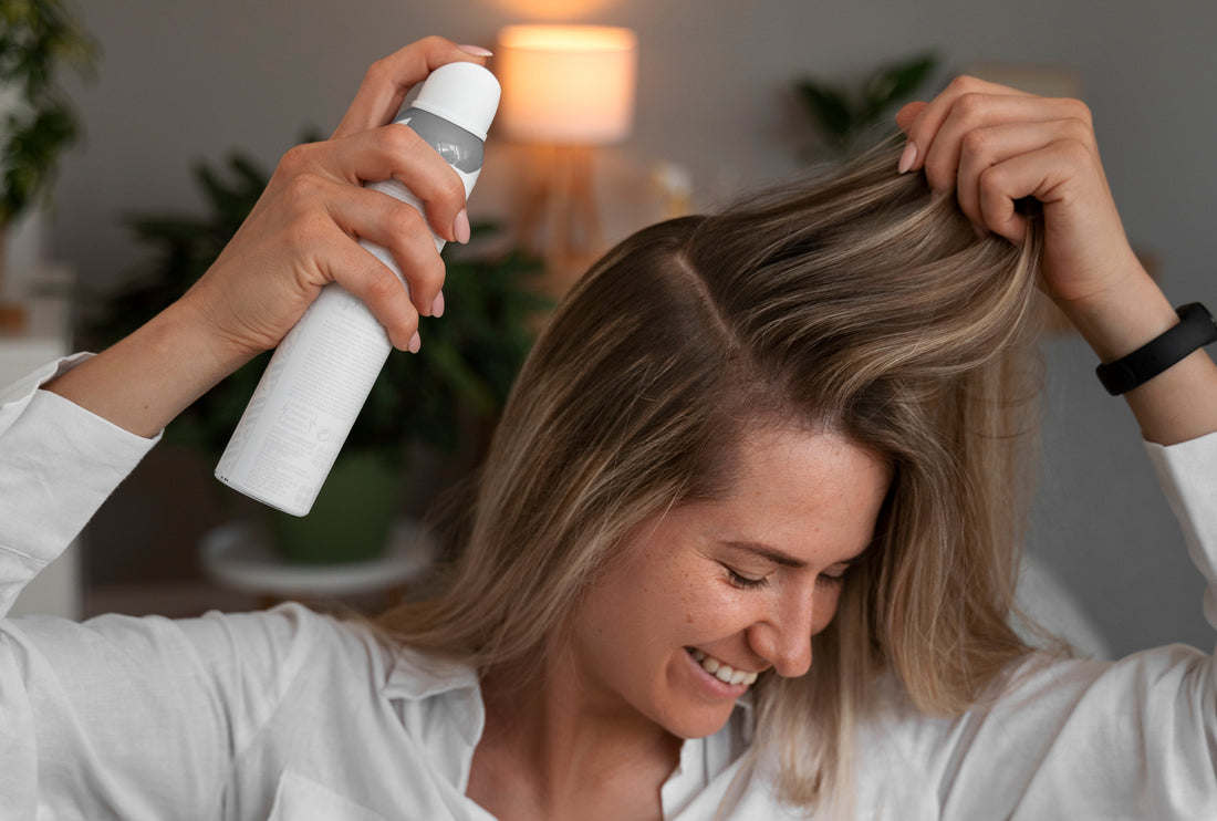 Image of a woman spraying her hair with a heat protector.