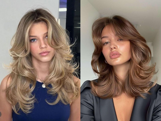 Blonde and brunette models with 90s blowout hair.