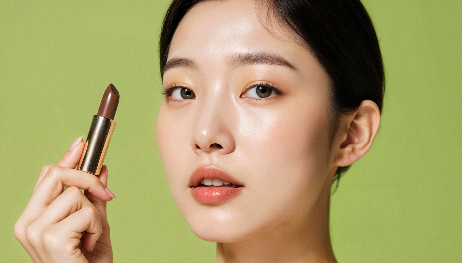 Image of a girl with glass skin applying lipstick. 
