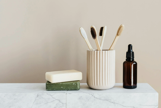 Image of products on a marble surface. 