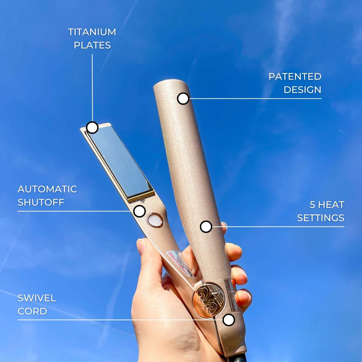 Image of the TYME Style hair straightener and curler on a blue background with the USPs on screen. Taken from TYME