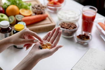 An overhead photo of a woman’s hand holding several vitamins and supplement capsules, with different bottles of supplements and foods like nuts and vegetables placed around her hand.