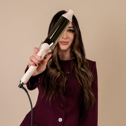 TYME 2 inch curling iron in Cashmere in use