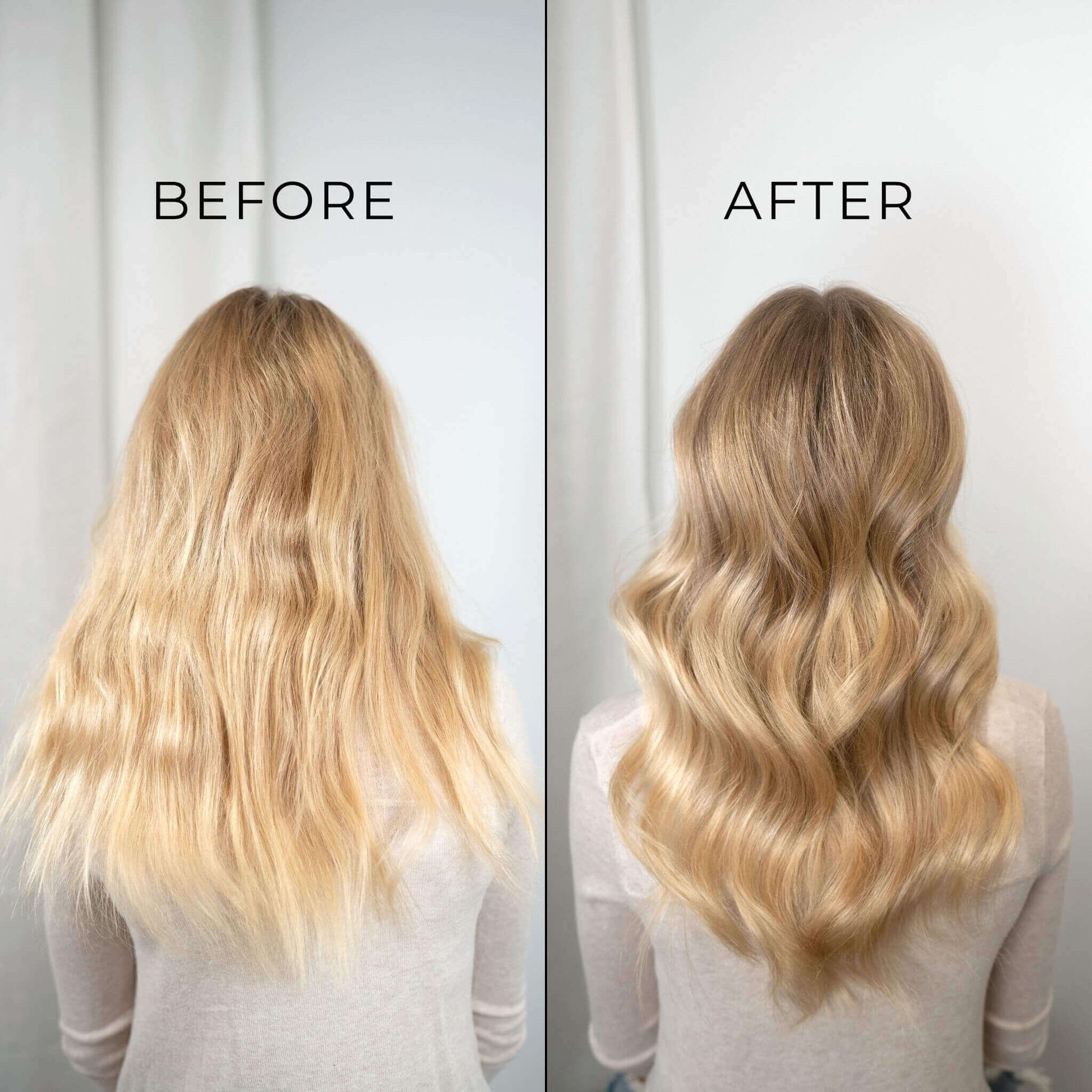 Before and after using TYME Iron Pro on woman with long blonde hair.