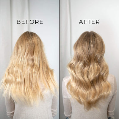 Before and after using TYME Iron Pro: Limelight on woman with long blonde hair.