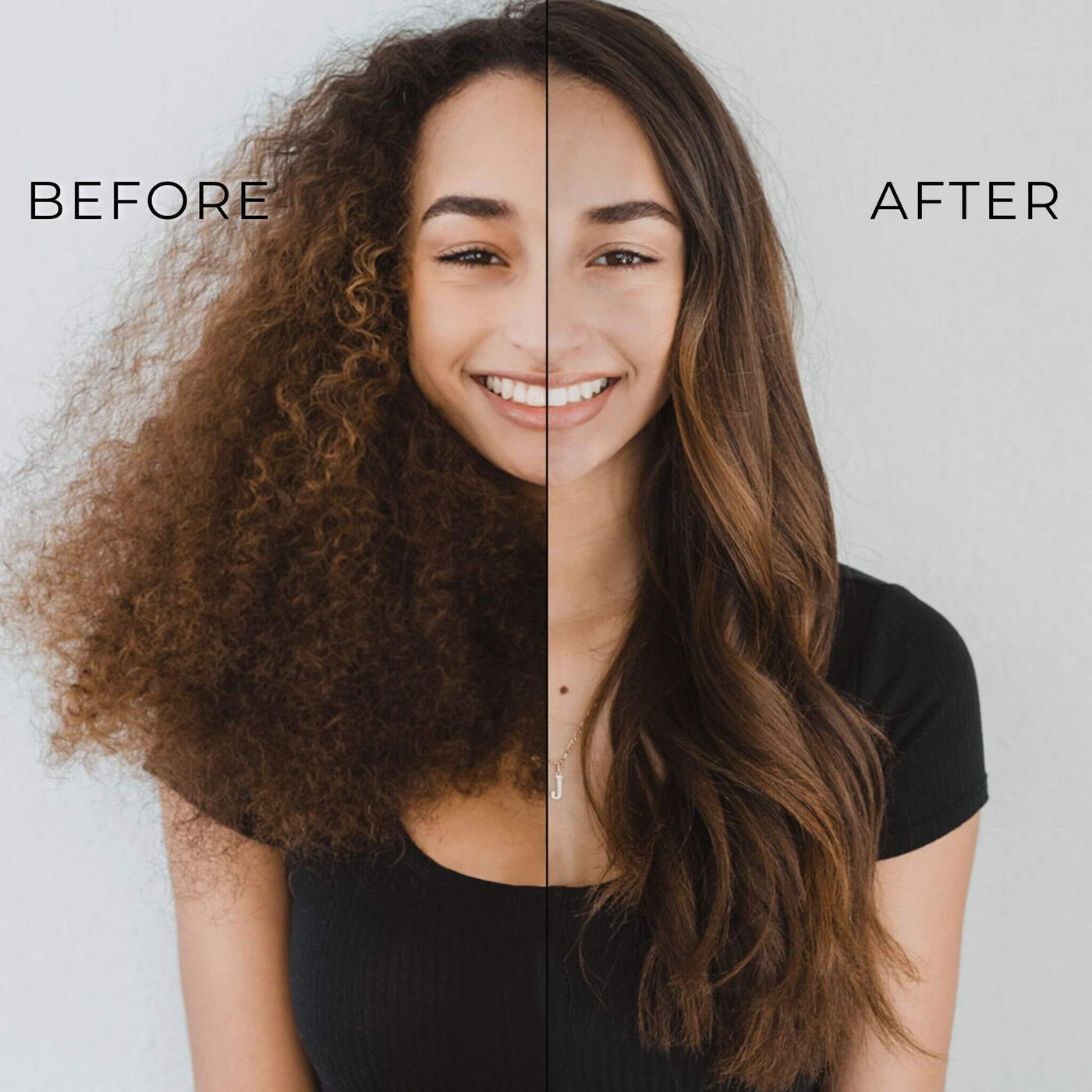 Before and after using TYME Iron Pro: Aura on woman with textured hair.