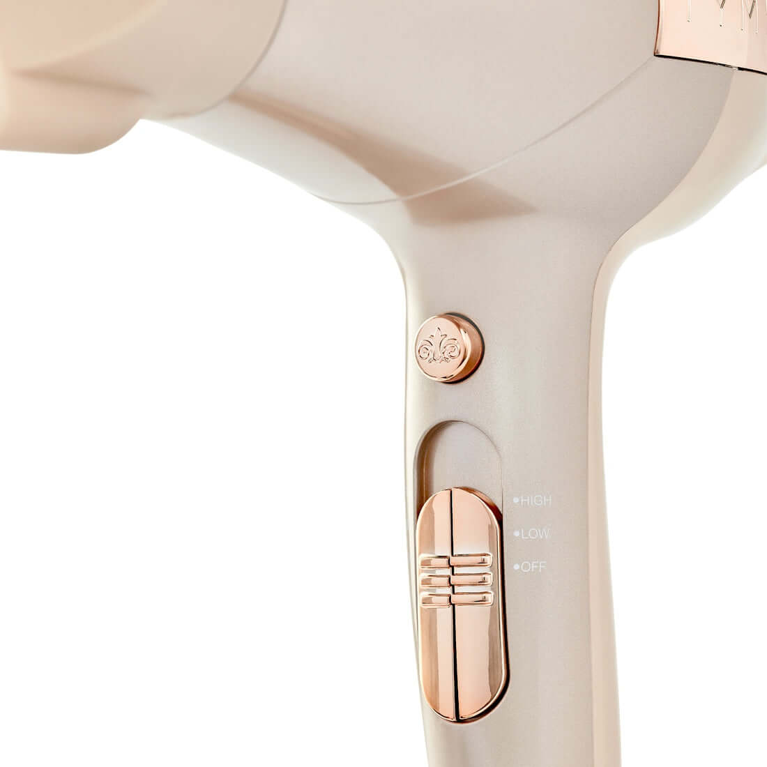 TYME BlowTYME Hair Dryer rose gold heat settings switch, power adjustment switch and cool shot button.
