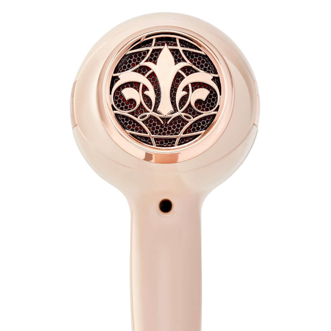 Rear of TYME BlowTYME Hair Dryer with rose gold fleur de lis logo cover for the brushless motor.