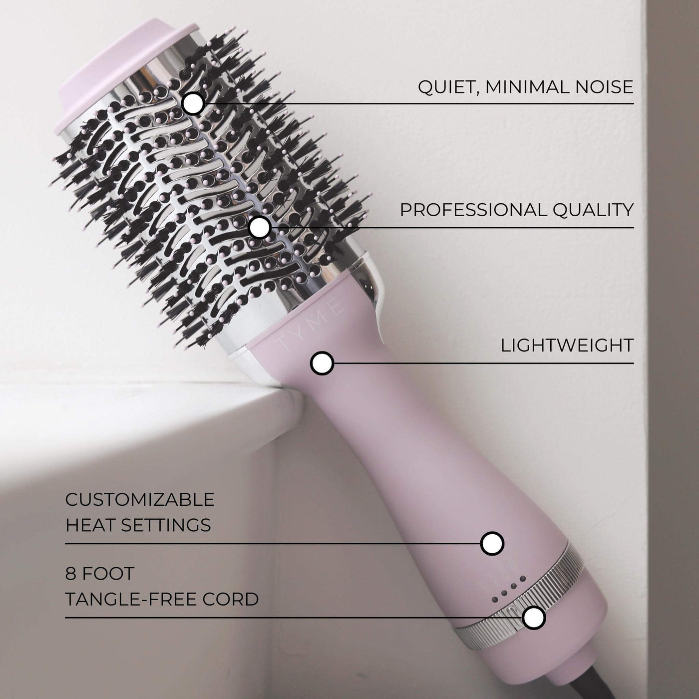 TYME BlowBrush Aura feature callouts.