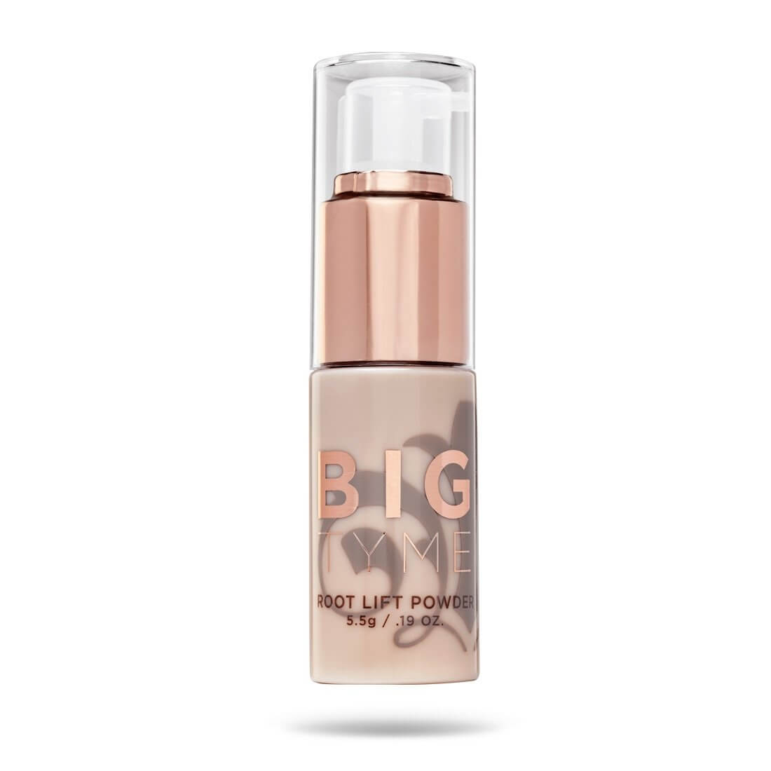 TYME UPSTAGED Thermal Protectant in a champagne pink bottle with taupe fleur de lis logo and rose gold spray pump.