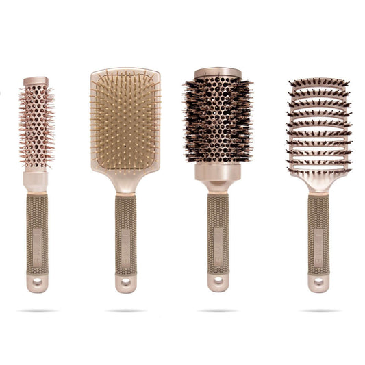 TYME Complete Haircare Hair Brush Set with triangle brush, paddle brush, 3 inch round barrel brush and curved vented brush.