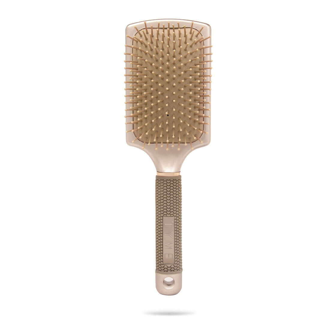 Professional quality champagne pink TYME Paddle Hair Brush with wide cushioned head, nylon comfort bristles and taupe handle.