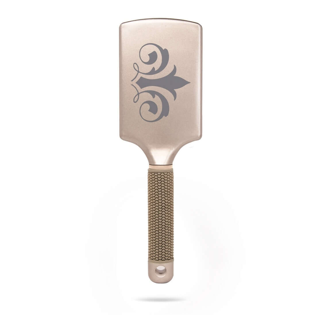 Back of TYME Paddle Hair Brush back view with fleur de lis logo on rectangle shaped brush head.