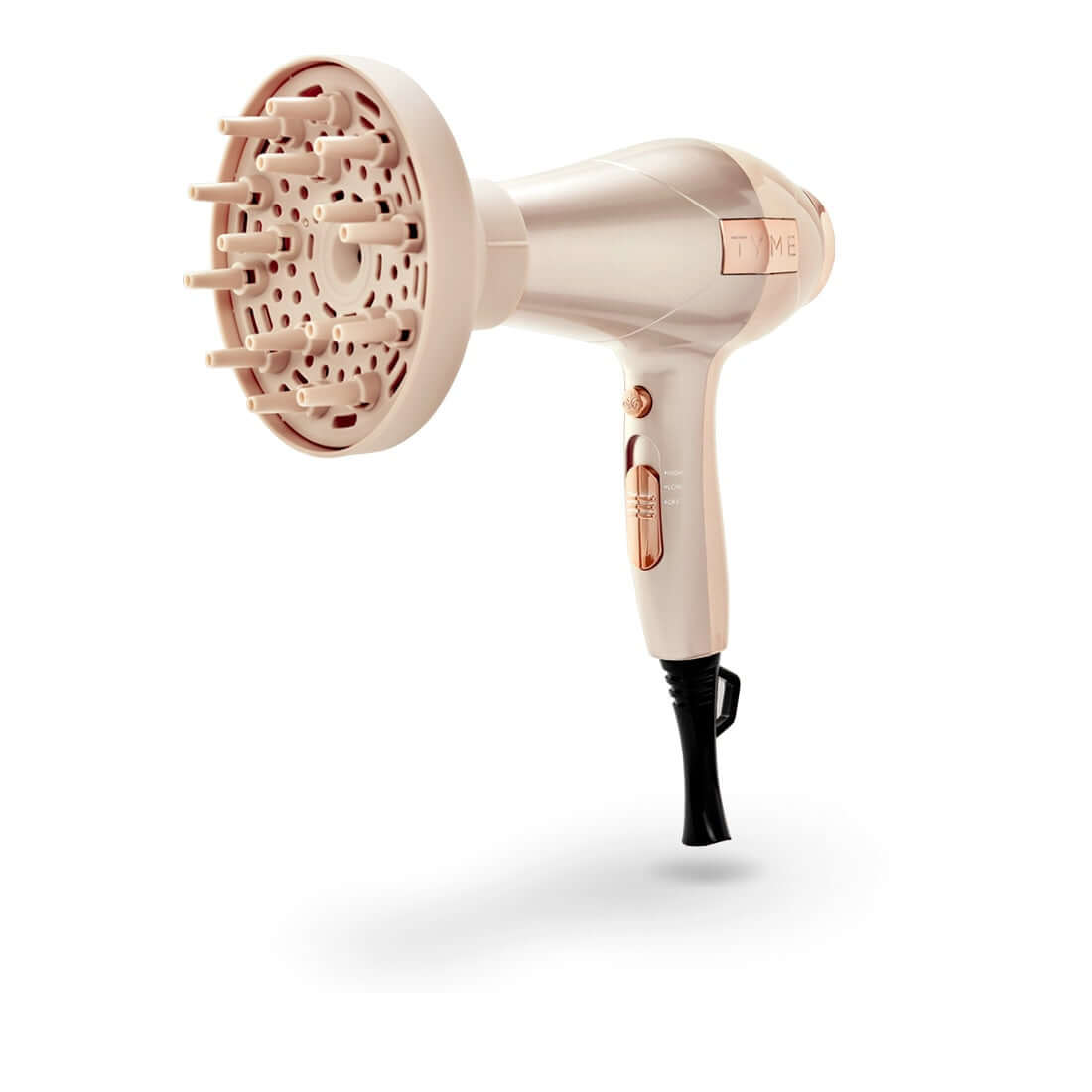 Side of pale taupe and rose gold TYME BlowTYME Hair Dryer with included beige diffuser attached.