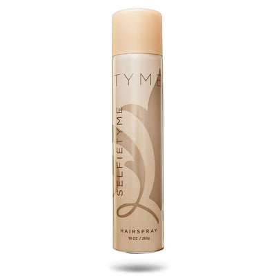 Full sized TYME SELFIETYME Hairspray in light gold aerosol canister, great for flexible hold.