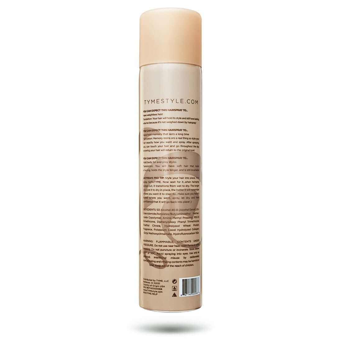 Back of TYME SELFIETYME Hairspray aerosol canister with product description.