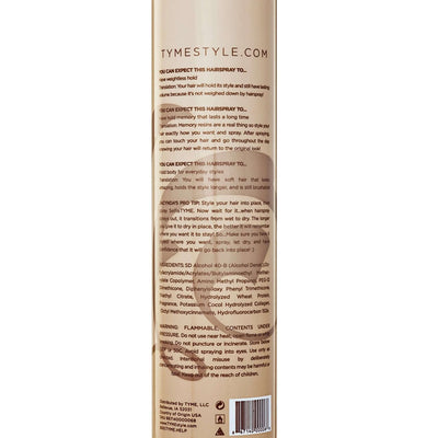Back of TYME SELFIETYME Hairspray aerosol canister with product description and directions for use..