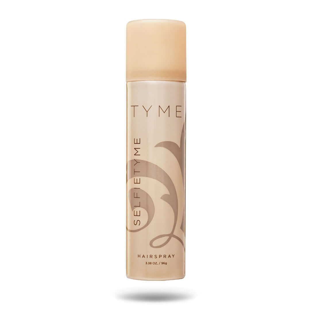 Travel size TYME SELFIETYME Hairspray in gold aerosol canister with dark gold logo and fleur de lis.