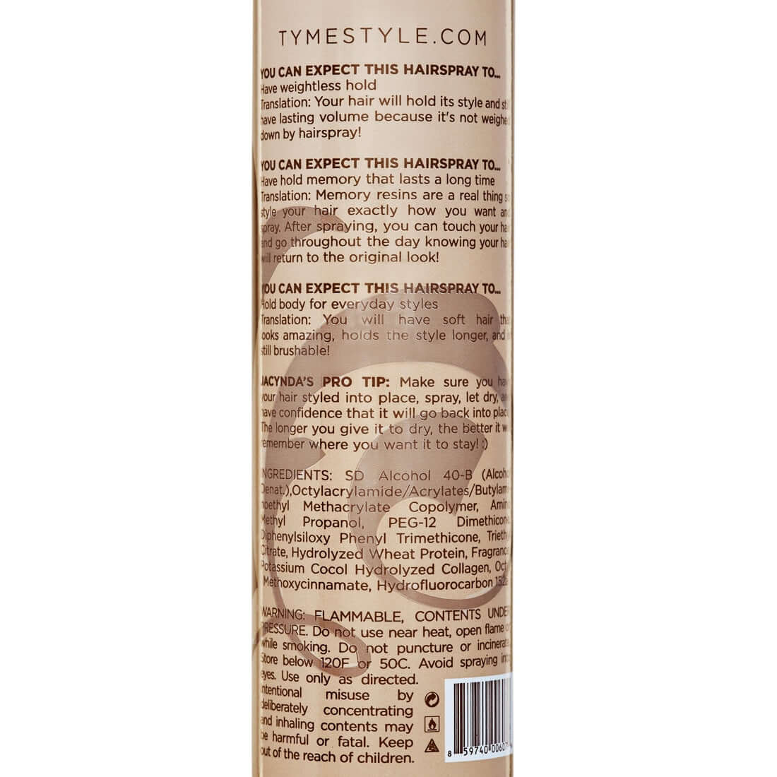 TYME SELFIETYME Hairspray with product details and directions for use.