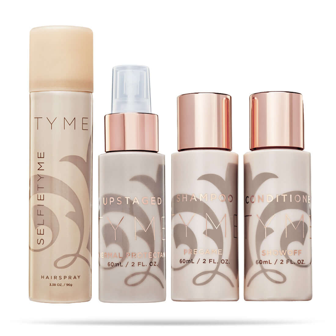tyme ultimate travel kit TSA approved with Travel size 2 ounce TYME Pregame Shampoo and Showoff Conditioner in a beige bottles with rose gold details, travel hairspray, and travel thermal protectant