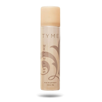Travel size TYME SELFIETYME Hairspray in gold aerosol canister.