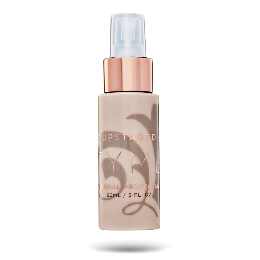 Travel size 2 ounce TYME Upstaged Thermal Protectant in a beige bottle with rose gold details.