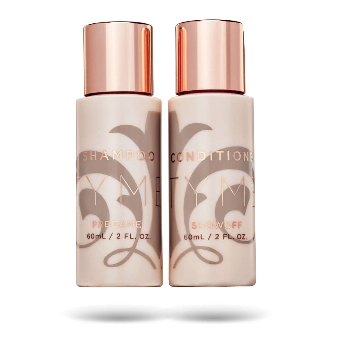 Travel size 2 ounce TYME Pregame Shampoo and Showoff Conditioner in a beige bottles with rose gold details.