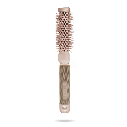 Professional quality champagne pink TYME Triangle Hair Brush for short hair, bangs and layers, with taupe handle.