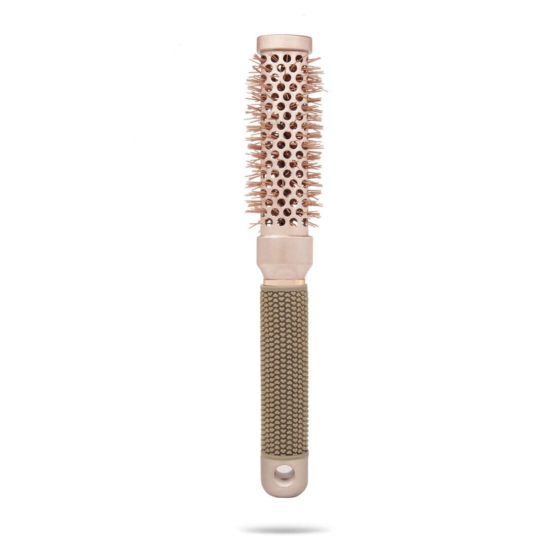 Professional quality champagne pink TYME Triangle Hair Brush for short hair, bangs and layers, with taupe handle.