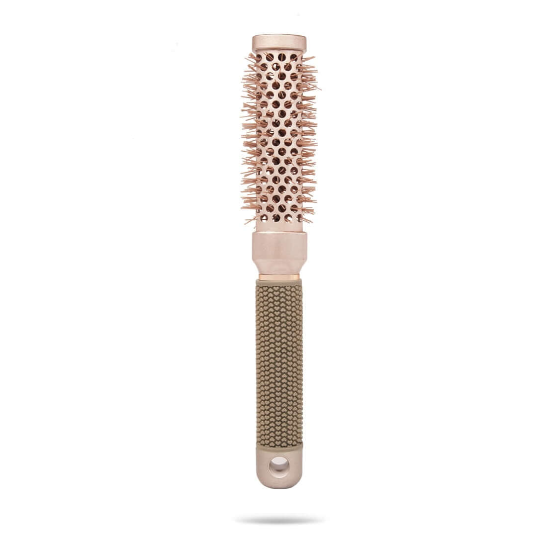 Professional quality champagne pink TYME Triangle Hair Brush for short hair, bangs and layers, with taupe handle.
