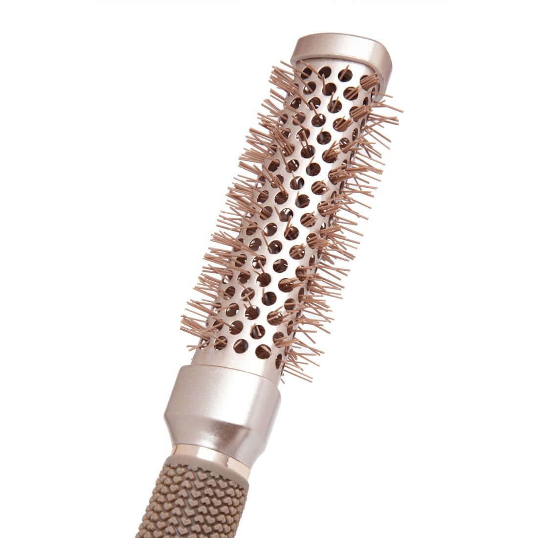 Zoomed in view of bristles TYME Triangle Hair Brush and triangularly shaped barrel.