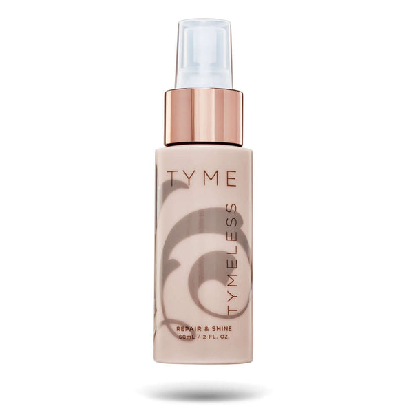 TYME TYMELESS Repair and Shine spray in beige bottle with rose gold atomizer.