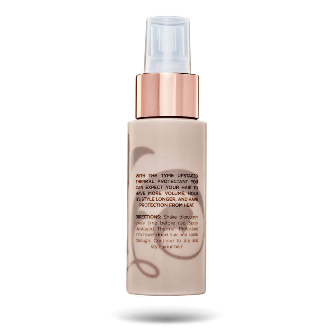 Back of Travel size TYME Upstaged Thermal Protectant with product details.
